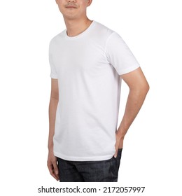 Young Man In White T Shirt Mockup Isolated On White Background With Clipping Path.