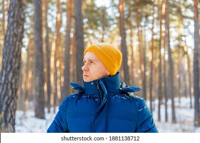 Young Man In Winter Yellow Hat Walks In Winter Snowy Pine Forest