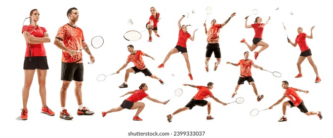 Young man and woman, badminton players in uniform practicing, playing isolated over white background. Collage. Concept of sport, competition, tournament, championship, action and motion