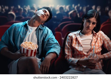 Young man and woman, couple, friends visiting cinema, watching movie, sitting with bored face. Man sleeping. Uninteresting film. Concept of leisure time, relationship, emotions, weekend activity - Powered by Shutterstock