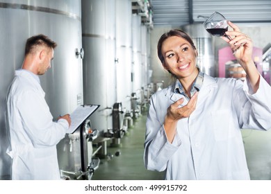 Young man and woman employees looking at wine sample in a glass and taking notes on the winery manufactory  - Shutterstock ID 499915792