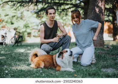 A young man and woman enjoy a playful moment with a fluffy dog in a sunlit park, surrounded by trees and warmth. - Powered by Shutterstock