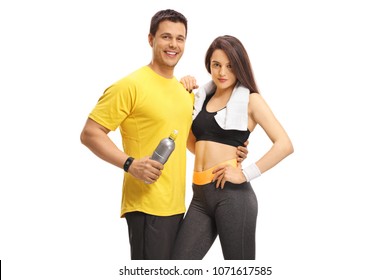 Young man and a young woman in sportswear isolated on white background
