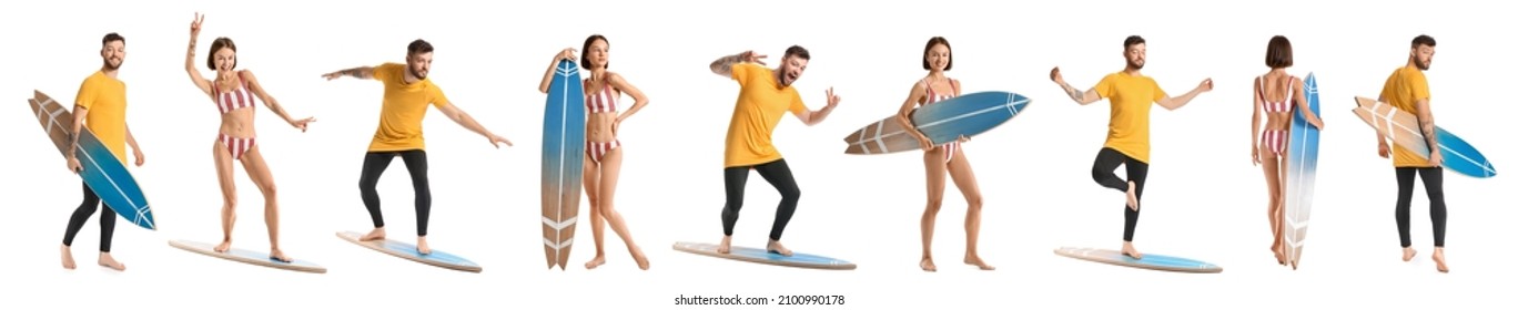 Young man and woman with surfboards on white background - Powered by Shutterstock