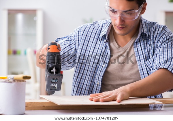 Young Man Woodworking Hobby Concept Industrial Stock Image 1074781289