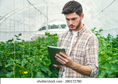 Young man working in a greenhouse recording measurements - Powered by Shutterstock