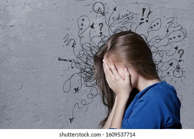 Young man with worried stressed face expression with illustration - Shutterstock ID 1609537714