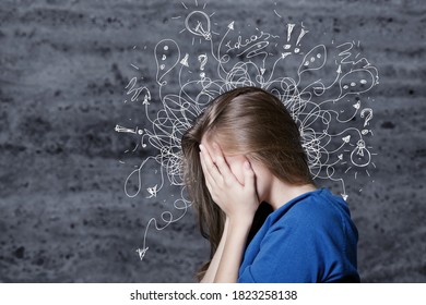 Young man with worried stressed face expression with illustration - Shutterstock ID 1823258138