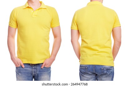 Young man with yellow polo shirt on a white background 