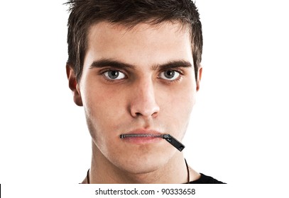 Young man with a zip on his mouth, representing censorship