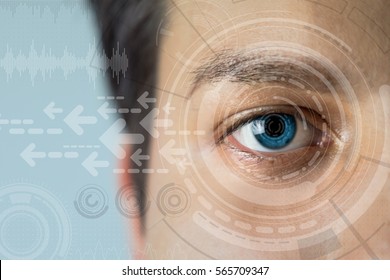 young man's eye and technology concept, smart contact lens display, Iris verification, wearable computing, abstract image visual