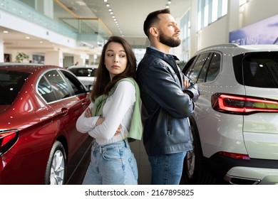 A Young Married Couple Cannot Find Mutual Understanding When Buying A New Car In A Car Dealership