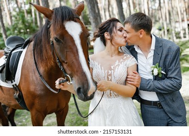 A young married couple in love on a walk in the woods with a brown horse. 
