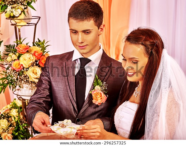 Young Married Holding Pillow Wedding Ring Stock Photo Edit Now