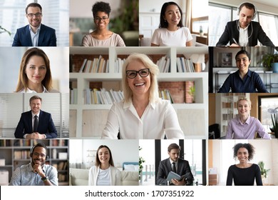 Young and mature businesspeople using videoconference application, engaged in on-line meeting working distantly from home, computer webcam screen full frame view. Video call, modern tech usage concept - Shutterstock ID 1707351922