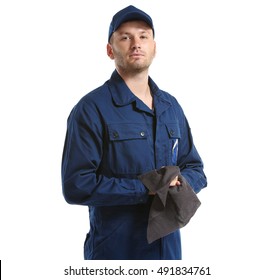 Young Mechanic In Uniform With Rag Standing, Isolated On White