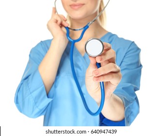 Young Medical Assistant Stethoscope On White Stock Photo 640947439 ...