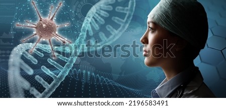 Young medical doctor facing virus and DNA strand model. Conceptual image for concerning about new variants and strains and global spread.