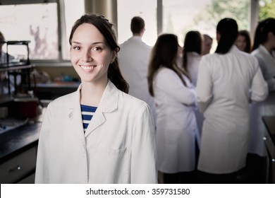 Young Medicine Developer Pharmaceutical Researcher. Woman Genius Chemist. University Professor.Intern. Developing New Medicine For Psychosis And Depression In Laboratory With Herbal Extraction. Drugs