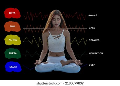 Young Meditating Woman With Brain Wave Frequencies.