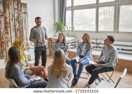 young members of anonymous alcoholics club share their experience, get support and psychological help, have conversation. help, support, alcoholics and drug users club, addiction. therapy