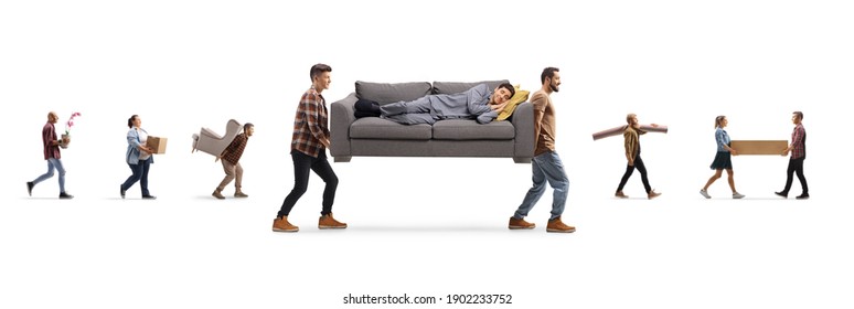 Young Men Carrying A Man In Pajamas On A Sofa And Other People Carrying Furniture Isolated On White Background