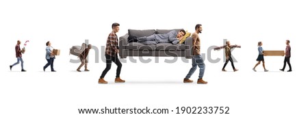 Young men carrying a man in pajamas on a sofa and other people carrying furniture isolated on white background