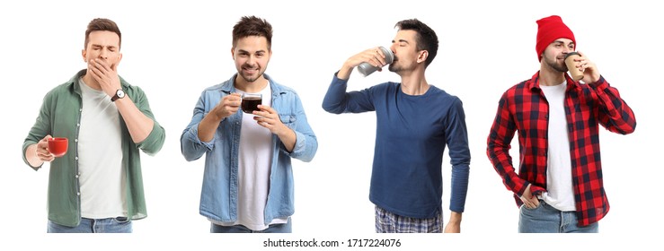 Young Men Drinking Hot Coffee On White Background