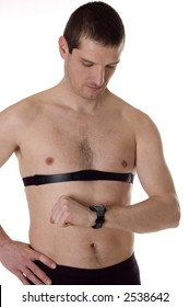 Young Men With Heart Rate Monitor On White