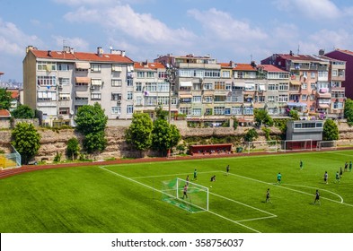 Young Men Are Playing Soccer Inside Historical Core Of Istanbul.