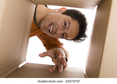 Young Men Reaching Something Inside A Cardboard Box