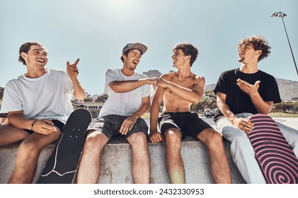 Young men, skater and skateboard, relax outdoor in skate park, urban and skateboarder friends in city. Friendship, extreme sport and fitness, trendy and youth talking while skating together. - Powered by Shutterstock