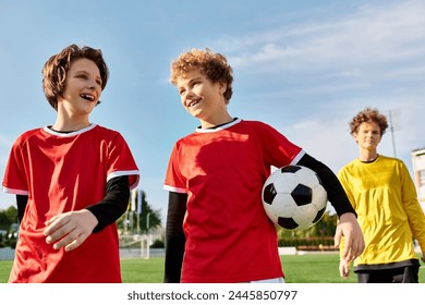 young men stand next to each other on a soccer field, showcasing a sense of camaraderie and teamwork as they prepare for the game ahead. - Powered by Shutterstock