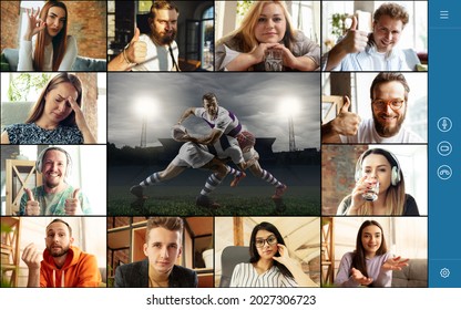 Young Men And Women Watching Rugby Football Game Online, Using Video App. PC, Laptop Screen With Rugby Players And Spectators, Fans. Concept Of Digital Technology, Sport, Show, Ad. Collage