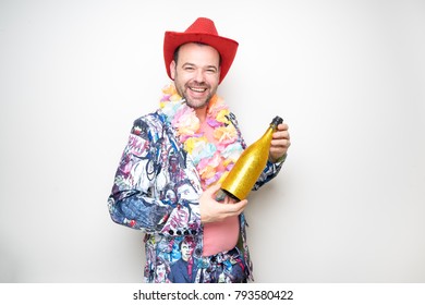 Young Middle Age Male Man Posing Funny Photo Booth Props Hat Bottle Plain White Background Photo