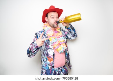 Young Middle Age Male Man Posing Funny Photo Booth Props Hat Bottle Plain White Background Photo