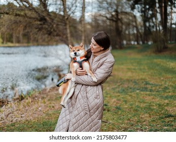 Young Millennial Beautiful Woman Brunette Is Walking With Her Japanese Breed Shiba Inu Dog Outdoor Near The Riverside Bank On A Leash.