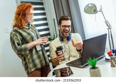 Young Millennial Couple Working At Home. Concept Of Freelance And Remote Work