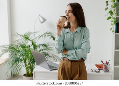 Young minded successful employee business woman in blue shirt work hold takeaway delivery craft paper cup coffee to go stand at desk with laptop pc computer at office indoor Achievement career concept