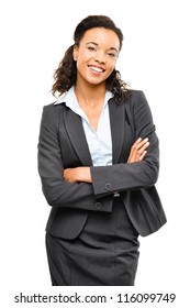 Young mixed race businesswoman with arms folded smiling isolated on white background
