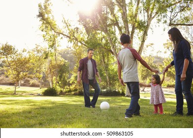 Young Mixed Race Family Playing With Ball In A Park, Backlit