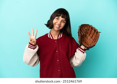 Young mixed race player woman with baseball glove isolated on blue background happy and counting three with fingers - Powered by Shutterstock