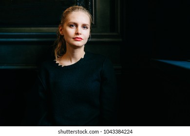 Young Model Girl Portrait. Fashionable Elegant Stylish Woman Face Expressions. Beautiful Blonde With Kind Lovely Eyes Posing For Camera. Silhoutte Of Babe Isolated On Black. Emotions, State Of Mind