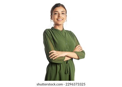 Young Modern Asian Indian happy confident woman with crossed arms smiling and standing isolated on white background. Concept of Self-love, success, achievement, and Leadership