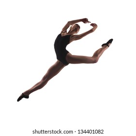 Young Modern Ballet Dancer Jumping On White Background