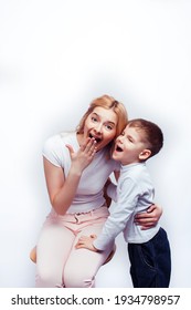 young modern blond curly mother with cute son together happy smiling family posing cheerful on white background, lifestyle people concept, sister and brother friends