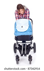 Young Mother With Baby Buggy (stroller), White Background