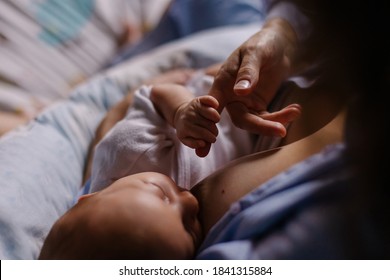 Young mother breastfeeds her newborn at home. Low key dark cozy. Caring togetherness motherhood. Security silence. Innocent. Lactation. Life style small moments real life