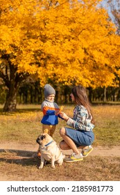 A young mother with a child and a pug dog on an autumn walk in a colorful park. - Shutterstock ID 2185981773