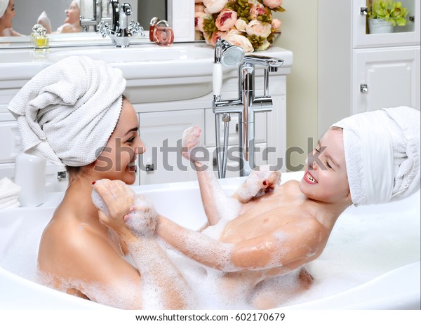 Young Mother Daughter Bathroom Playing Happy Stock Photo Edit Now